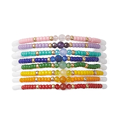 8 bracciale elastico con pietre preziose miste naturali e perline di vetro per donna&nbsp;BJEW-MZ00274
