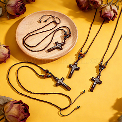 4 collana con ciondolo a croce in legno e perlina rotonda in occhio di tigre naturale e perlina in ematite sintetica&nbsp;NJEW-HY00003