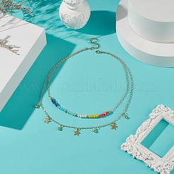 Collana a doppio strato con ciondoli a stella in ottone con perline di vetro colorato per donna&nbsp;NJEW-TA00050