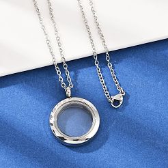 Collier pendentif médaillon rond plat visible en acier inoxydable 304 pour cendres d'animaux de compagnie&nbsp;LS-NJEW-S455-08P