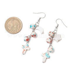 Orecchini pendenti con croce turchese sintetica in acciaio inossidabile 304 con luna e stella&nbsp;EJEW-JE06516-01
