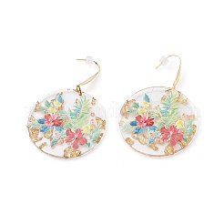 Transparentes Epoxidharz flach rund mit 3D gedruckten Blumenmuster Ohrhänger&nbsp;EJEW-JE04580
