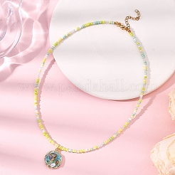 Collane di perline di vetro con ciondolo in lega di smalto a forma di fiore per donna&nbsp;NJEW-JN05550-01