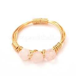 Anelli di perline intrecciati in quarzo rosa naturale avvolti in filo di rame per le donne&nbsp;RJEW-JR00393-01