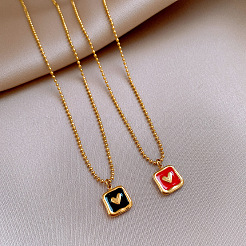 2 pezzo 2 colori collana con ciondolo quadrato a cuore smaltato in acciaio inossidabile 304 per donna&nbsp;WG91C7F-01