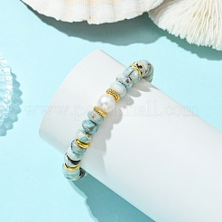 Elastische Armbänder aus natürlichem Larimar und Süßwasserzuchtperlen für Damen&nbsp;BJEW-JB14101