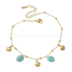 Sommerliche Strand-Fußkettchen aus Edelstahl 304 in Muschelform mit blauem synthetischem Edelsteinanhänger für Damen&nbsp;AJEW-K054-03G