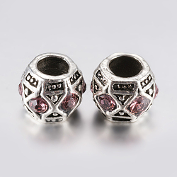 Tibetan Style Alloy Rhinestone European Beads, Large Hole Beads, Barrel, Antique Silver, Pink, 10x8mm, Hole: 5mm