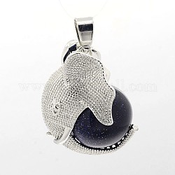 Platinum Plated Brass Elephant Covered with Round Ball Gemstones Pendants, Synthetic Blue Goldstone, 27x21.5x19mm, Hole: 4x6mm