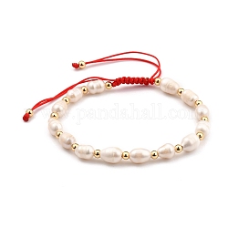 Verstellbarer Nylonfaden geflochtene Perlen Armbänder, mit natürlichen kultivierten Süßwasserperlen und Messingperlen, echtes 18k vergoldet, rot, Innendurchmesser: 5.5~9cm (2-1/8~3-1/2 Zoll)
