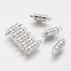 Brass Magnetic Clasps with Loops, Nickel Free, Column, Silver Color Plated, 17x6mm, Hole: 2mm