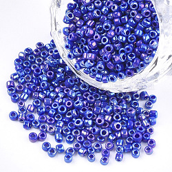 Granos de semillas de vidrio opaco, arco iris chapado, redondo, azul, 3mm, agujero: 1 mm, aproximamente 10000 unidades / bolsa