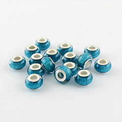 Large Hole Resin European Beads, with Silver Color Plated Brass Double Cores, Rondelle, Dark Turquoise, 14x9mm, Hole: 5mm