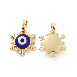 Handmade Evil Eye Lampwork Pendants, with Real 18K Gold Plated Tone Brass Findings, Snowflake Charm, Blue, 15x16x4mm, Hole: 4x6.5mm