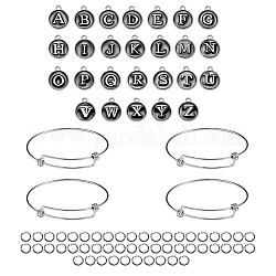 Kit fai da te per braccialetti con lettere, inclusi 304 braccialetti espandibili in acciaio inossidabile e ciondoli smaltati in lega rotonda piatta, nero, braccialetti: 2-1/2 pollice (6.6 cm), 4pcs/scatola
