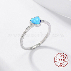 Anillo de dedo corazón de ópalo sintético azul cielo claro, 925 plata esterlina anillos, plata, diámetro interior: 17 mm
