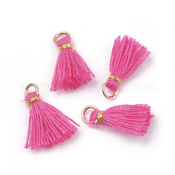 Décorations pendentif pompon en polycoton (coton polyester), mini pompon, avec des accessoires en fer et cordon métallique, or clair, rose chaud, 10~15x2~3mm, Trou: 1.5mm