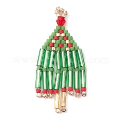 Perles de rocaille faites à la main, motif de tissage, pendentif pompon arbre de Noël, lime green, 38x18x2mm, Trou: 1.8mm