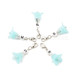 Frosted Flower Transparent Acrylic Pendant Decoration, with Natural & Dyed Malaysia Jade Beads and Random Mixed Letters Acrylic Beads, Zinc Alloy Lobster Claw Clasps and Iron Findings, Pale Turquoise, 41mm
