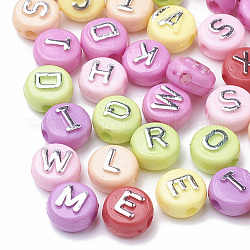 Opaque Acrylic Beads, Metal Enlaced, Horizontal Hole, Flat Round, Mixed Letters, Mixed Color, 9.5~10x6mm, Hole: 2mm, about 1600pcs/500g