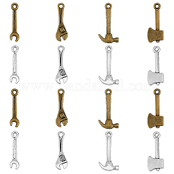 HOBBIESAY 112Pcs 8 Style Alloy Pendants, Tool Charm, Claw Hammer & Wrench & Axe, Antique Bronze & Antique Silver, 23~24x6~13x1.8~3.5mm, Hole: 1.6~2mm, 14pcs/style