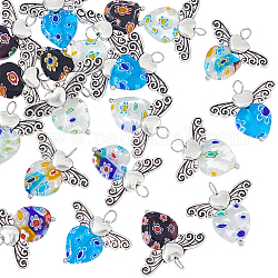 Pandahall elite pendentifs au chalumeau millefiori faits à la main, avec des perles en alliage de style tibétain, coeur avec l'aile, couleur mixte, 22x23.5x3.5mm, Trou: 3.8mm, 20 pcs / boîte