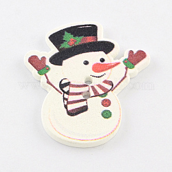 Pulsanti vacanze, 2 foro di Natale pupazzo di neve stampato cucire bottoni in legno, neve, 35x31x2mm, Foro: 2 mm