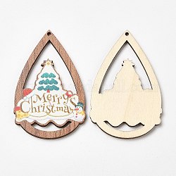 Grandi pendenti in legno stampato natalizio a faccia singola, ciondoli a goccia con albero di Natale, colorato, 54x34.5x2.5mm, Foro: 1.8 mm