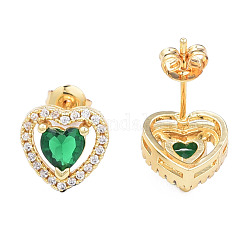 Серьги-гвоздики в форме сердца из кубического циркония, золотые латунные украшения для женщин, без никеля , зелёные, 10x10.5 мм, штифты : 0.7 мм