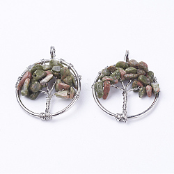 Natural Unakite Pendants, with Brass Findings, Flat Round with Tree of Life, Platinum, 29x5~7mm, Hole: 4.5mm