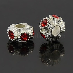 Alloy Rhinestone European Beads, Grade A, Flower, Lead Free and Cadmium Free, Silver Color, Light Siam, 15x8.5mm, Hole: 5mm