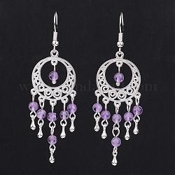 Natural Amethyst Chandelier Earrings, with Alloy Findings and Brass Earring Hooks, Silver Color Plated, 67mm, Pin: 0.7mm