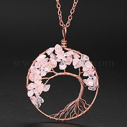 Collane con ciondolo albero della vita con chip di quarzo rosa naturale, collana a catena portacavi in lega da donna, 20-7/8 pollice (53 cm)