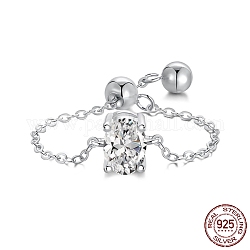 925 кольцо-цепочка из стерлингового серебра с родиевым покрытием, кольцо с камнем, с фианитами овальный для женщин, регулируемое скользящее кольцо, Реальная платина, прозрачные, 1.2 мм, размер США 7 (17.3 мм)