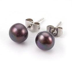 Perlas naturales pernos prisioneros del oído, con 304 fornituras de acero inoxidable, redondo, negro, 16~18x5~7mm, pin: 0.7 mm
