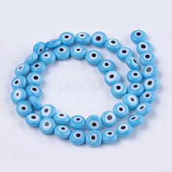Handmade Evil Eye Lampwork Beads Strands, Flat Round, Light Sky Blue, 7.5x3mm, Hole: 1mm, about 48pcs/strand, 13.7 inch~14.9 inch