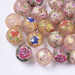 Perles en résine imprimée, mat, ronde avec motif de fleurs, rose, 17mm, Trou: 2mm