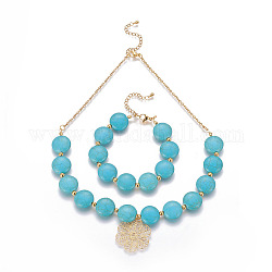 304 Stainless Steel Jewelry Sets, Bracelets and Necklaces, with Synthetic Turquoise, Flower, Golden, 16.9 inch(43cm), 2mm, 7-7/8 inch(20cm), 16~16.5mm