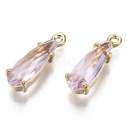 Brass Charms, with Glass, Teardrop, Faceted, Real 18K Gold Plated, Nickel Free, Pink, 14x5x4mm, Hole: 1mm