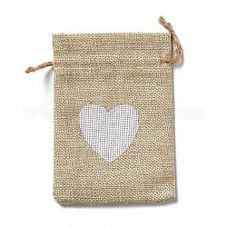 Sacchetti di lino, Borsa morbida, rettangolo con motivo a cuore bianco, tan, 14x10x0.5cm