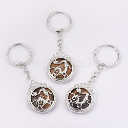 Porte-clés oeil de tigre naturel, avec les principaux anneaux de fer, plat rond avec le dragon, platine, 80mm, pendentif: 34.5x26x8.5 mm
