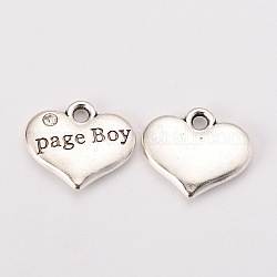 Wedding Theme Antique Silver Tone Tibetan Style Heart with Page Boy Rhinestone Charms, Crystal, 14x16x3mm, Hole: 2mm