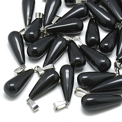 Окрашенные натуральный черный агат подвески, с держателями кулонов из нержавеющей стали, слеза, 28~30x10~12 мм, отверстие : 6x4 мм
