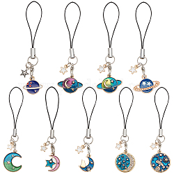 DELORIGIN 8pcs 8 style Cute Cartoon  Moon/Star/Planet Alloy Enamel Mobile Straps Lanyards, for Mobile Phone Strap Hang Rope Smart Phone Charm, Mixed Color, 8.5~9.6cm, 1pc/style