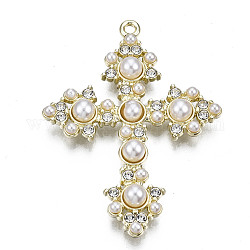 Pendente in lega, con perla in plastica imitazione abs,  piombo & nichel libero, croce, bianco, oro chiaro, 42x31x4.5mm, Foro: 1.6 mm