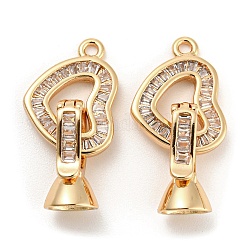 Brass Pave Clear Cubic Zirconia Fold Over Clasps, Heart, Real 18K Gold Plated, Heart: 17x12.5x2mm, Hole: 1.6mm, Clasp: 15x7x7mm
