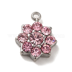 304 colgante de acero inoxidable con rhinestone de vidrio rosa., charms de la flor, color acero inoxidable, 12x10x3.5mm, agujero: 1.4 mm