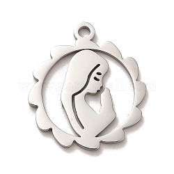 304 Stainless Steel Pendants, Flat Round with Girl Charm, Stainless Steel Color, 24x21.5x1.5mm, Hole: 2mm