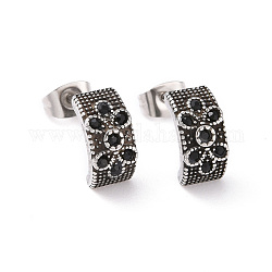Jet Rhinestone Arch with Flower Stud Earrings, 304 Stainless Steel Jewelry for Women, Antique Silver, 12x6mm, Pin: 0.7mm