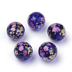Gedruckt Glasperlen, Runde mit Blumenmuster, Mitternachtsblau, 11~12x11 mm, Bohrung: 1.5 mm
